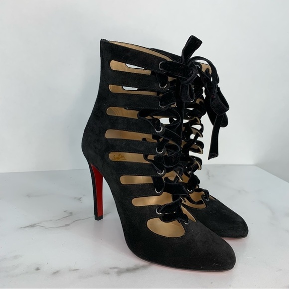 Christian Louboutin Spinetita Velvet Cage Lace-Up Suede Leather Booties Heels - Picture 14 of 16
